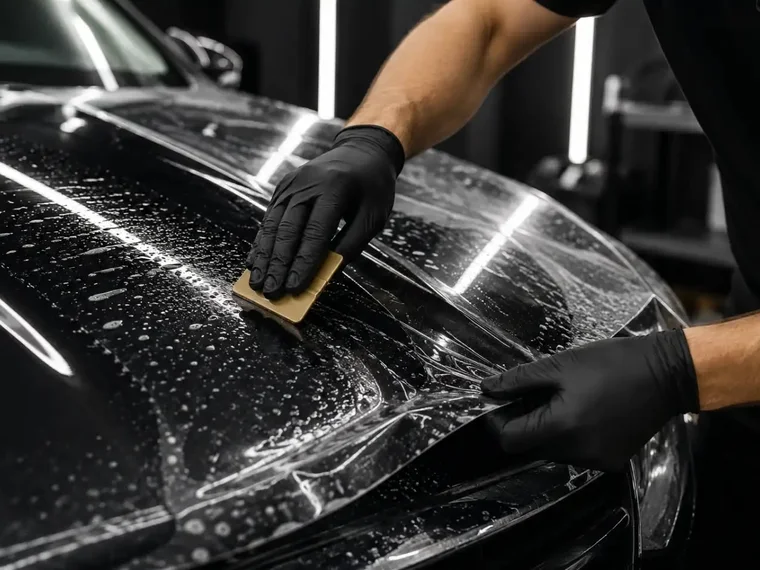 Aplicação de película de proteção transparente com espátula sobre o capô preto