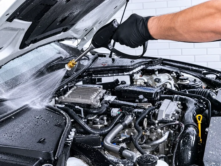 Lavagem do cofre do motor com jato controlado e luva de proteção