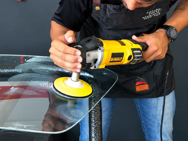 Profissional da AUTOMIX polindo um vidro automotivo com politriz